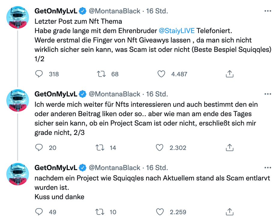 Die Tweets, in denen MontanaBlack ankündigt, die "Finger von NFT-Giveaways zu lassen"