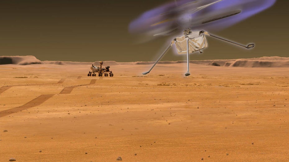 So könnten fliegende Helikopter auf dem Mars aussehen: umgeben von einem violetten Flimmern. (Grafik: Nasa/Jay Friedlander Elektrisch aufgeladen: Hubschrauber auf dem Mars könnten leuchten