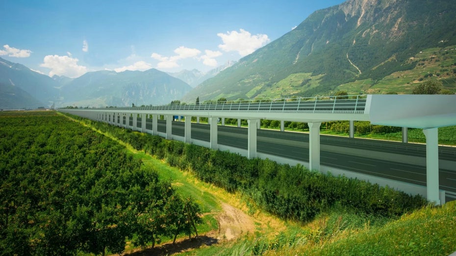 Solardach über der schweizerischen Autobahn A9. (Visualisierung: Servipier AG) Solardach Autobahn Schweiz