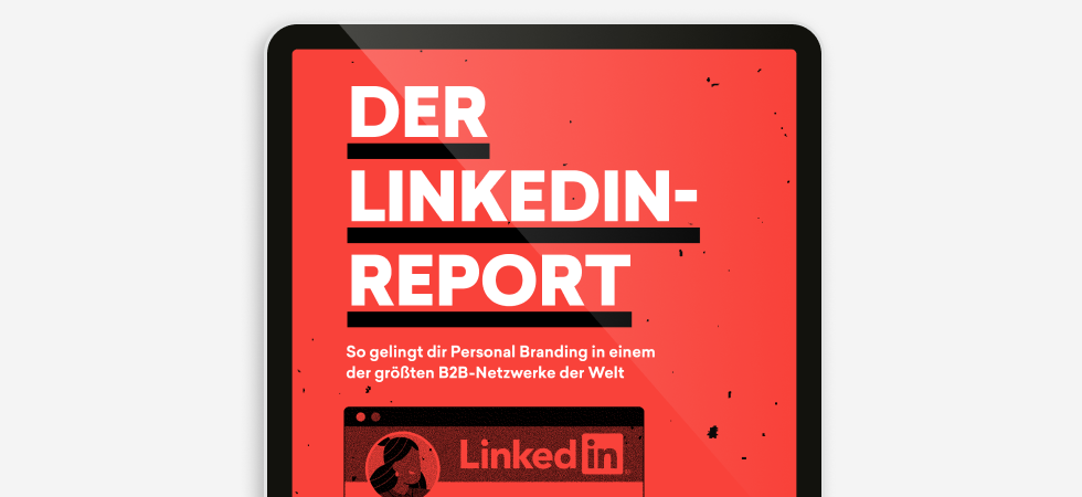 Das Cover des t3n Guides „Der Linkedin-Report“ mit der Unterzeile „So gelingt dir Personal Branding in einem der größten B2B-Netzwerke der Welt“. Weiße Schrift mit schwarzer Unterstreichung auf rotem Hintergrund.