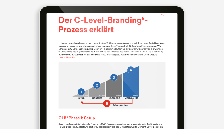 Eine Inhaltsseite des Linkedin-Guides von t3n, auf der die Einleitung zum „C-Level-Branding-Prozess“ zu sehen ist