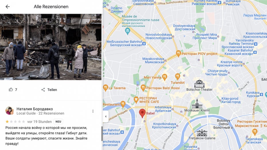 In den Rezensionen des Restaurants „Babel“, unweit des Kremls in Moskau, finden sich Bilder von zerstörten ukrainischen Wohnblöcken und die Aufforderung, den Krieg zu stoppen. (Screenshot: Google Maps) Gegen russische Zensur: Google-Maps-Bewertungen sollen Bürger aufklären