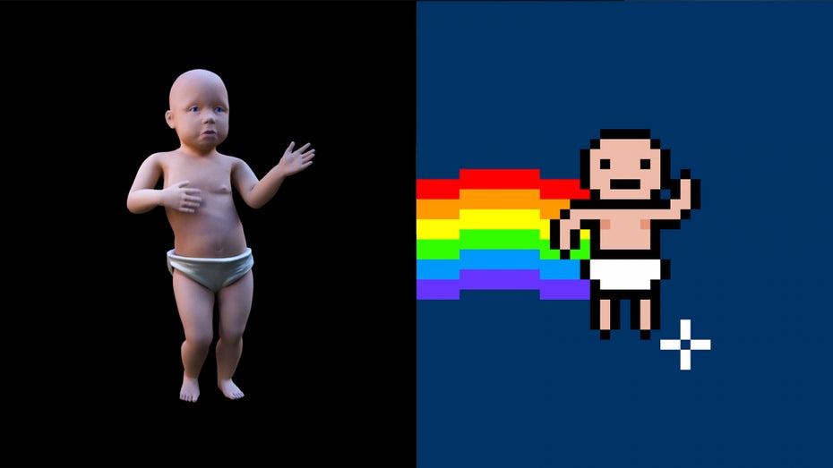 Dancing Baby: Das Original (links) und die vom Nyan-Cat-Macher Chris Torres bearbeitete Version (rechts). (Bild: Autodesk/Chris Torres) Bei den Simpsons war es schon – jetzt kommt das Dancing Baby als NFT zurück