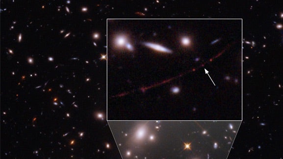 Earendels Licht benötigte 12,9 Milliarden Jahre, um die Erde zu erreichen. (Foto: Nasa, Esa, Brian Welch/JHU, Dan Coe/STSCL) Einmalige Entdeckung: Hubble findet Stern aus der Frühzeit des Universums