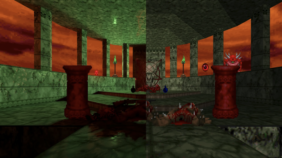 Der Unterschied ist deutlich erkennbar. (Screenshot: Youtube) Doom: So gut sieht der Spieleklassiker mit Raytracing aus