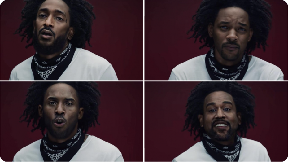 Im Laufe des Videos verwandelt sich Kendrick Lamar mehrfach. (Screenshot: Twitter) Deepfake: Kendrick Lamar performt als Will Smith, Kanye West und Kobe Bryant