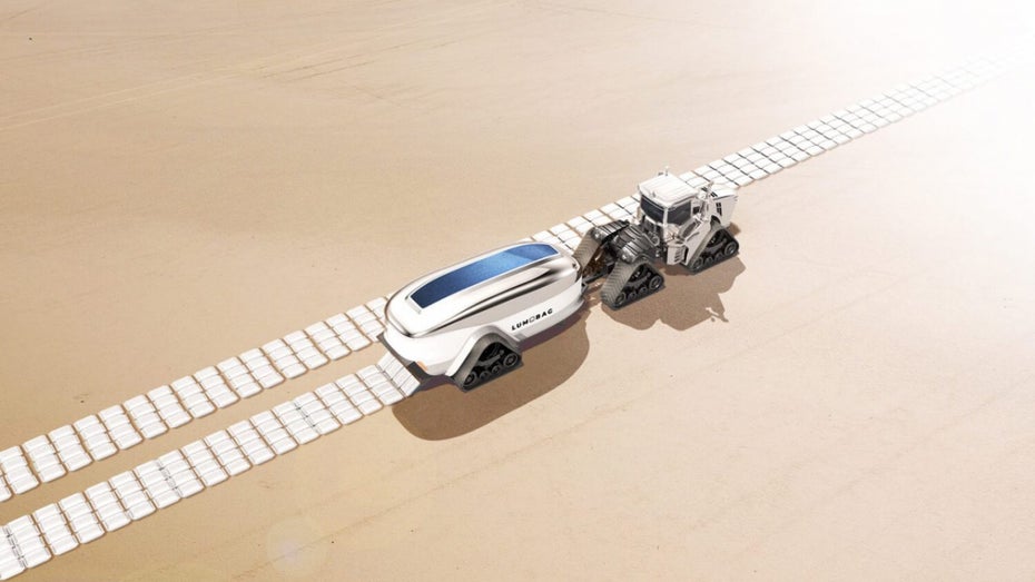 Beschichtete Sandsäcke in der Wüste sollen Sonnenlicht reflektieren. (Rendering: SCIENCE MOONSHOT/N+P INNOVATION/Lumobag) Sandsäcke könnten gegen die Erderwärmung helfen – wenn man sie in die Wüste legt