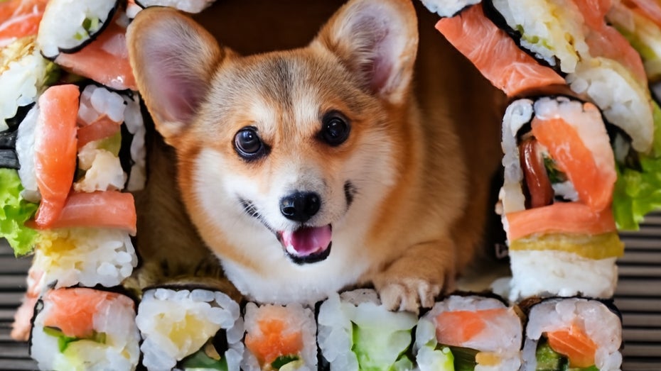 Wer dem Bildgenerator aufträgt, einen süßen Corgi zu malen, der in einem Sushi-Haus wohnt, könnte so ein Bild erhalten. (Bild: Google Imagen) KI-Generator Imagen malt dir einen Corgi, der in einem Sushi-Haus wohnt