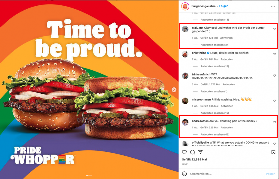 Screenshot des Burger King Austria Posts auf Instagram mit dem Pride Burger. Eingekästelt sind Kommentare, die nachfragen, ob der Erlös durch die Burger gespendet wird.