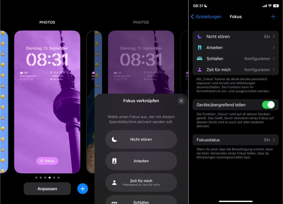 iOS 16: Jedem Sperrbildschirm könnt ihr einen Fokusmodus zuordnen. Das ist jederzeit möglich. (Screenshots: t3n)