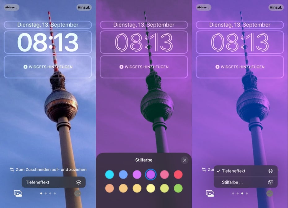 iOS-16-Sperrbildschirm mit dem Berliner Fernsehturm und diversen Optionen. (Screenshot: Apple)
