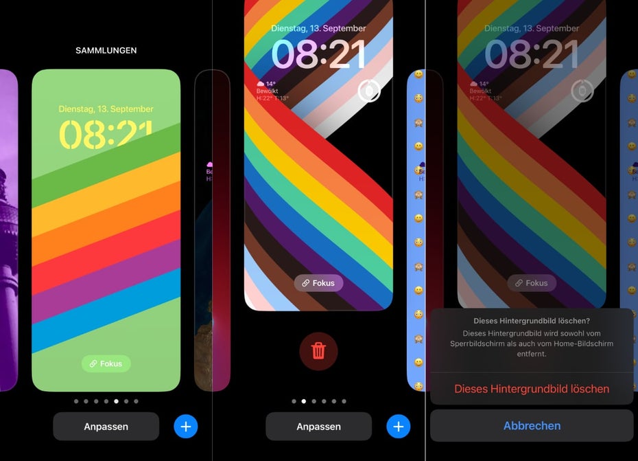 iOS 16: Die Sperrbildschirme lassen sich jederzeit löschen. (Screenshots: t3n)