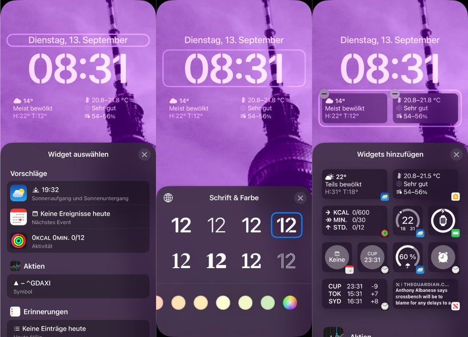 Der Sperrbildschirm von iOS 16 verfügt über drei Widget-Felder. Das Mittlere dient nur für die Uhrzeit. (Screenshots: t3n)