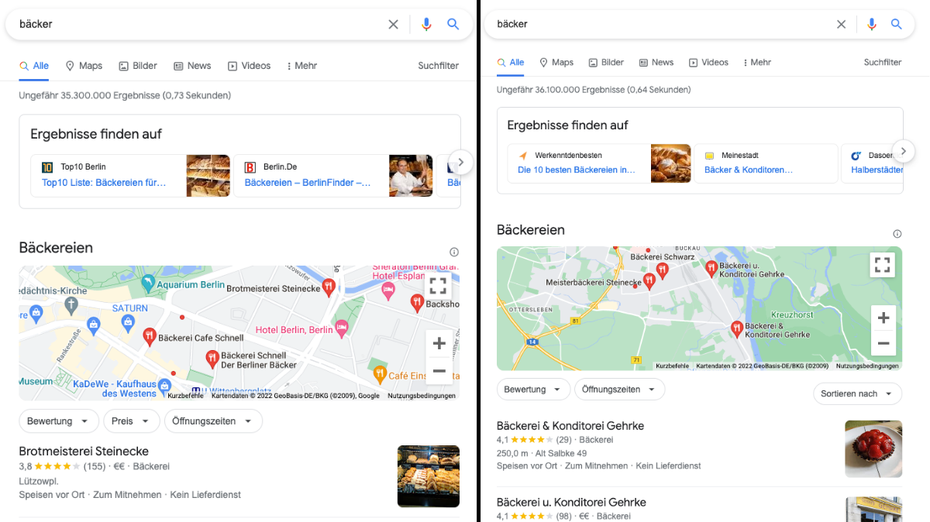 Zwei Screenshots, die unterschiedliche lokale Suchergebnisse zum Begriff "bäcker" zeigen