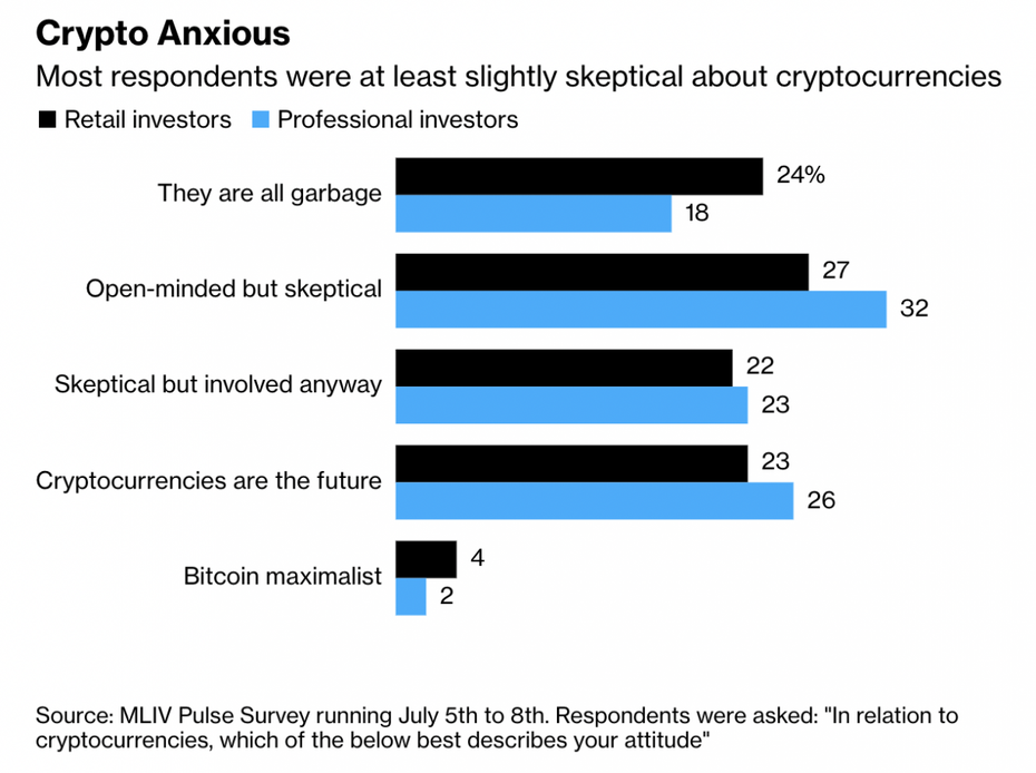 Krypto-Angst: n Bezug auf Kryptowährungen, welche der folgenden Aussagen beschreibt am besten Ihre Einstellung? (Quelle: MLIV-Pulse via Bloomberg)