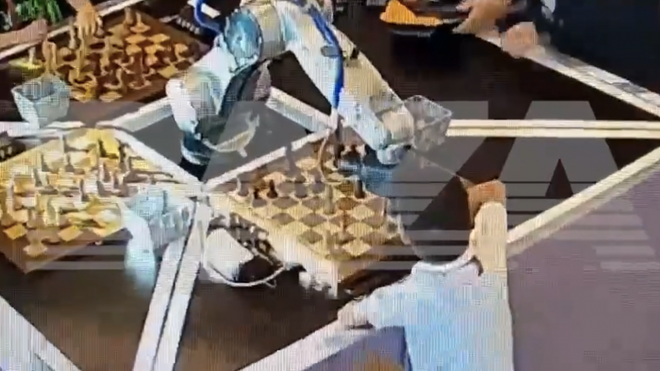 Der Moment des Unfalls: Der kleine Junge hat seine Hand auf dem Spielfeld, der Roboter greift zu. (Screenshot: Twitter) Video: Roboter bricht Kind den Finger während Schachpartie