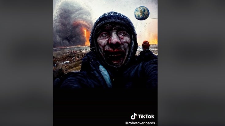 KI: Eines der letzten Selfies der Welt. (Screenshot: Tiktok/Robot Overloards, t3n) Dystopisch: KI malt allerletztes Selfie der Welt