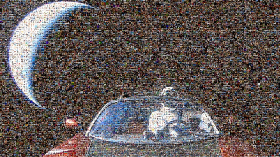 Unzählige Privataufnahmen von Tesla-Besitzer:innen enthält das Fotomosaik von Starman und seinem Tesla Roadster, das am 04. August mit SpaceX ins All geschickt wird. (Foto: Tesla Inc.)