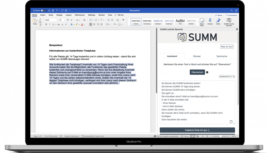 Summ in Word: Links ist der Text, rechts das Summ-Add-In mit der Übersetzung in Leichter Sprache