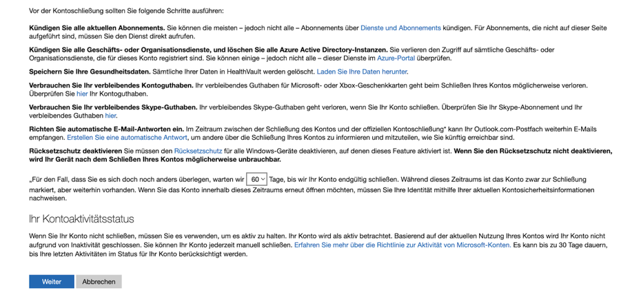 Hier sieht man die Sicherheitsabfrage von Microsoft, um das Konto schließen zu können.