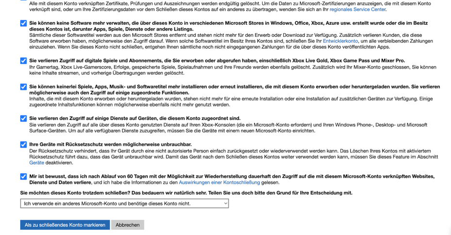 Letzter Schritt um das Microsoft-Konto zu löschen.