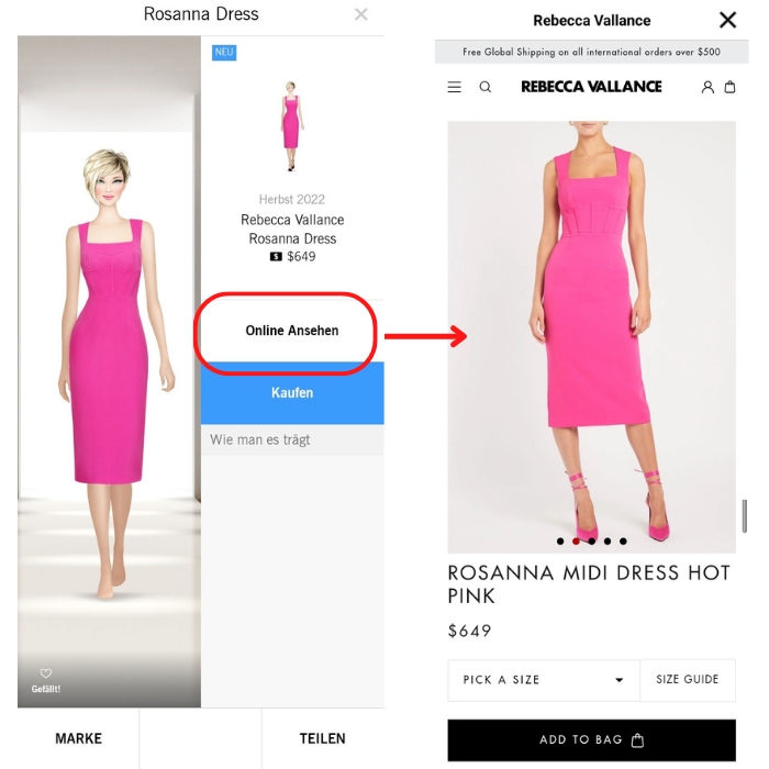 Screenshots aus der App Covet Fashion: Links ein pinkes Kleid an der Puppe, rechts die Seite des KLeides im realen Online-Shop mit Kaufmöglichkeit