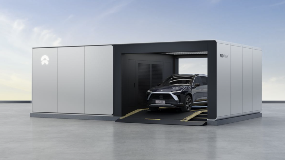 Die Batteriewechselstation sieht aus wie ein futuristischer Carport. (Screenshot: Nio/t3n.de) Akkuwechsel: Nio bringt erste Power-Swap-Station nach Deutschland