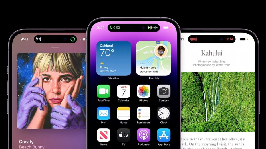 Dynamic Island: Ein Blick auf die smarte Notch des iPhone 14 Pro. (Bild: Apple) So geschickt hielt Apple Dynamic Island geheim