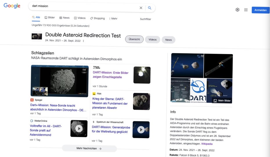Dart-Mission Google Ergebnisse