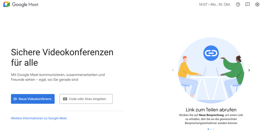 Hier ist die Startseite von Google Meet zu sehen. Dort können direkt Videokonferenzen gestartet werden.