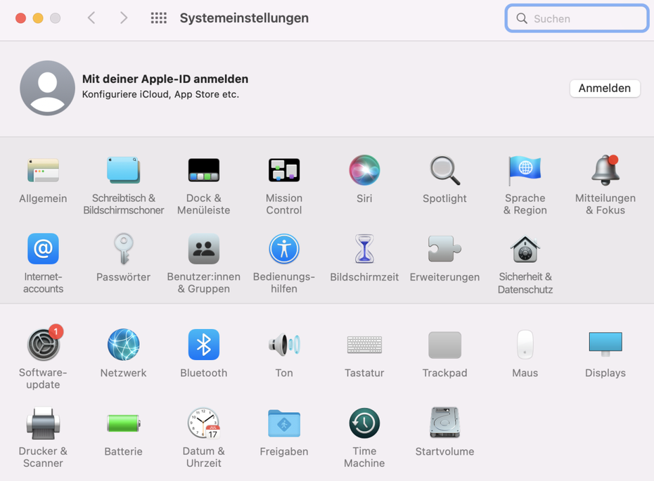 Hier sieht man die Systemeinstellungen eines Macbooks. Mit dem Button anmelden kann man seine Apple-ID erstellen oder sich mit dieser auf seinem Mac anmelden.