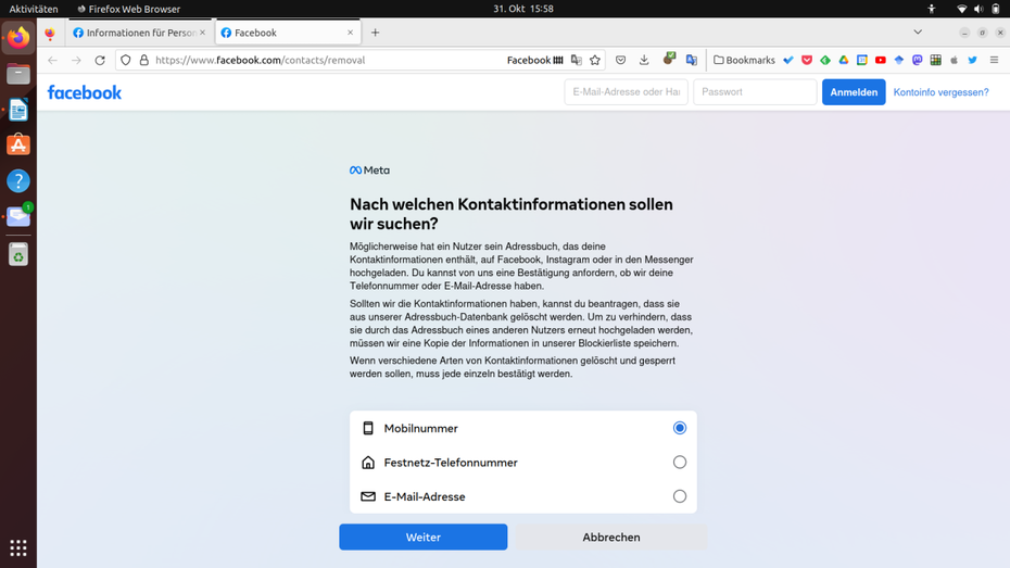 Mail und Telefonnummer bei Meta löschen (Screenshot: t3n)