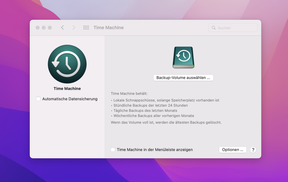 Das Interface von Apples Backup-Funktion Time Machine in den Systemeinstellungen