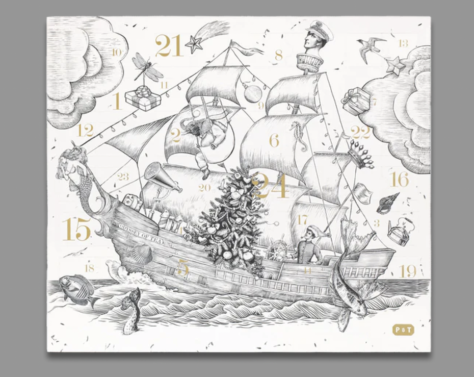Adventskalender in schwar z weiß mit Segelschiff als Motiv 