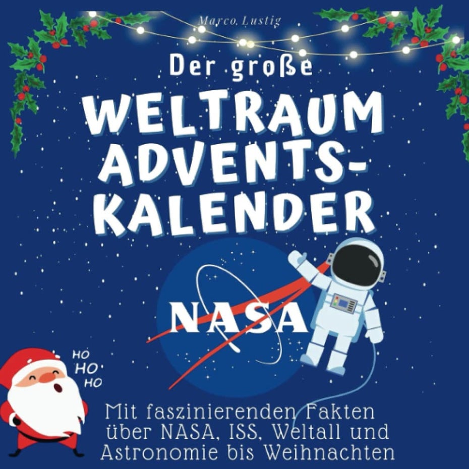 Ein illustriertes Buchcover mit Astronaut, Nasa-Symbol und Weihnachtsmann