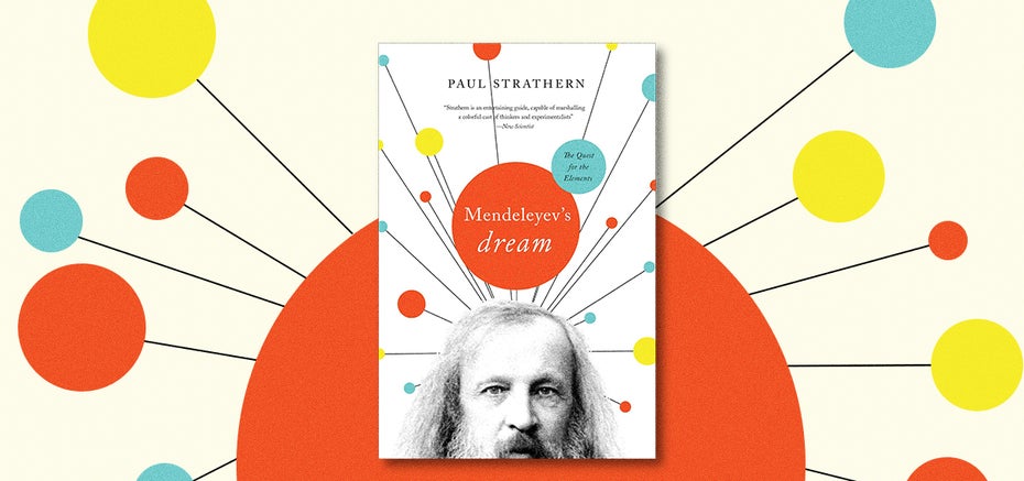 Das Buchcover von „Mendelejews Dream” zeigt das Schwarz-Weiß-Bild eines Mannes mit langen Haaren und Bart, dazu geometrische Graphikelemente mit Text