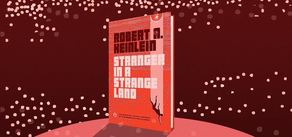 Buchcover in verschiedenen Rottönen mit der zeichnung eines nach unten fallenden Menschen