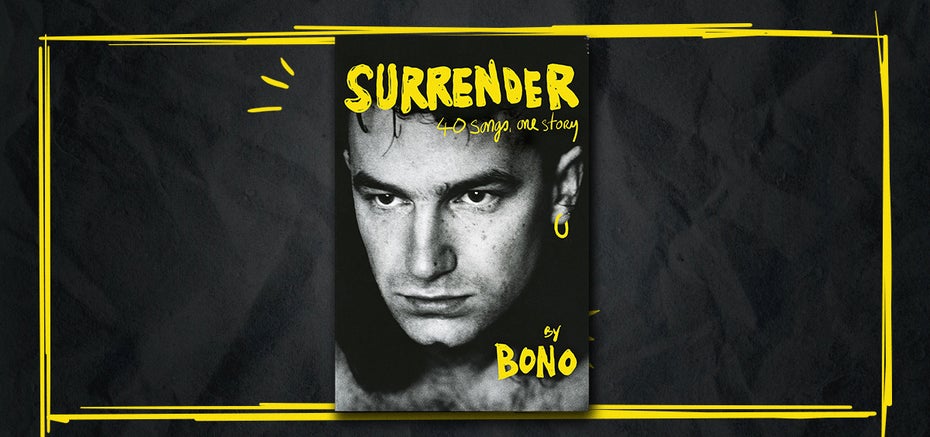 Portrait von U2-Sänger Bono als schwarz-weißes Buchcover mit gelber Schrift 