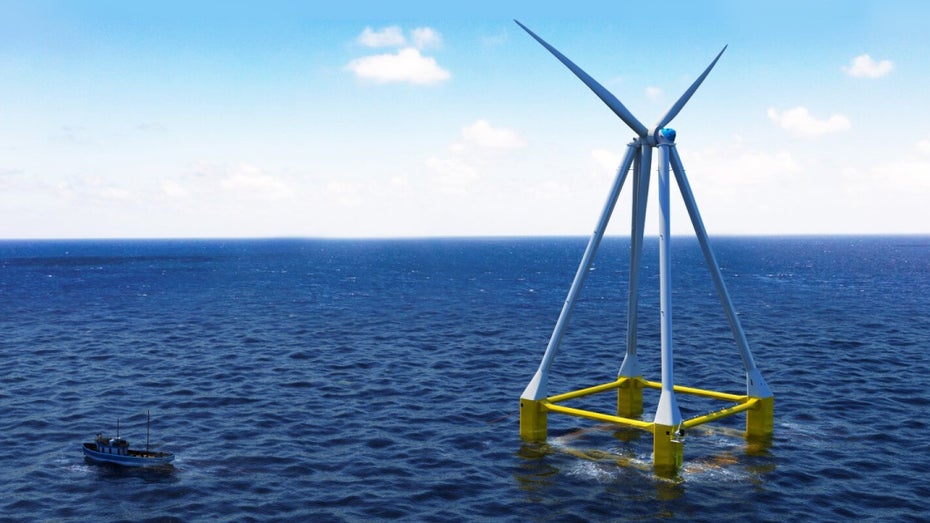 Schwimmt auf dem Wasser: Windturbine in Pyramidenform. (Bild: Eolink) Windturbine: Schwimmende Pyramide soll auch auf hoher See Energie erzeugen