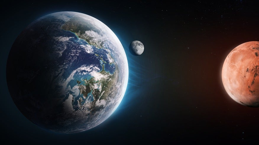 Erde, Mond und Mars. (Bild: Dima Zel/Nasa) Mond bedeckt Mars: Seltenes Naturschauspiel am Donnerstagmorgen