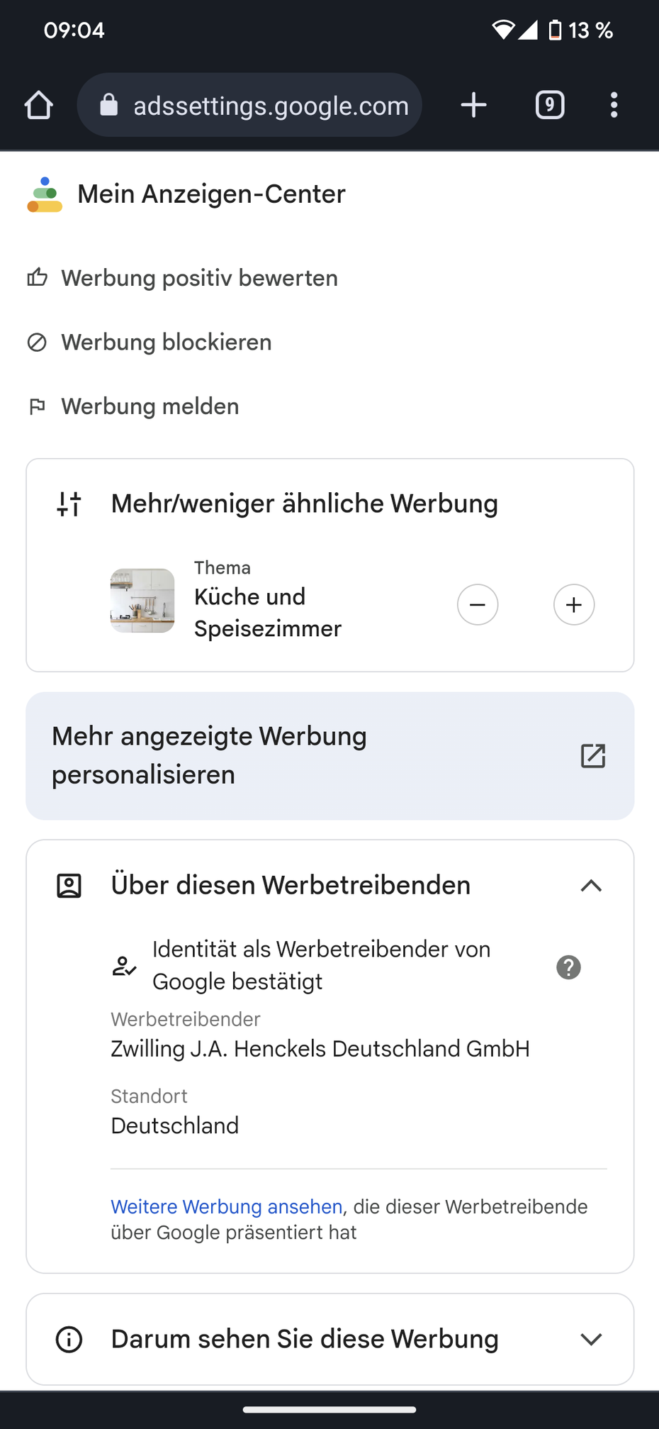 Screenshot des Anzeigencenters mit den oben erwähnten Optionen.