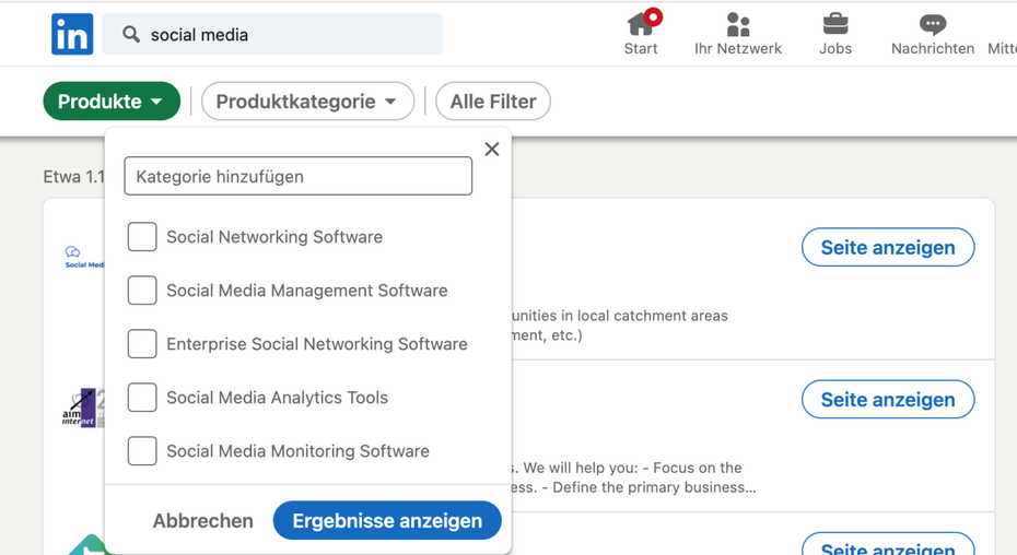 Linkedin-Produktsuche 