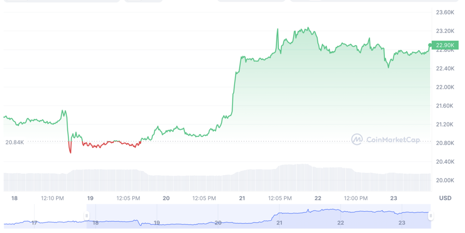 Knapp unter 23.000 US-Dollar: So hat sich der Bitcoin-Preis in den vergangenen sieben Tagen verändert. (Quelle: Coinmarketcap)