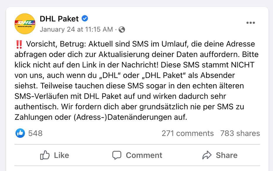 DHL warnt via Facebook vor Phishing 