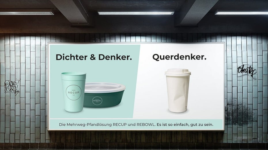 Dass Plakatwerbung auch Zeitgeist aufgreifen kann, zeigt Recup. Links die klugen Dichter und Denker, die keine Wegwerfbecher verwenden, rechts die Querdenker mit Einwegbechern. (Abbildung: Recup) Digital-out-of-Home als Medium für die Massen