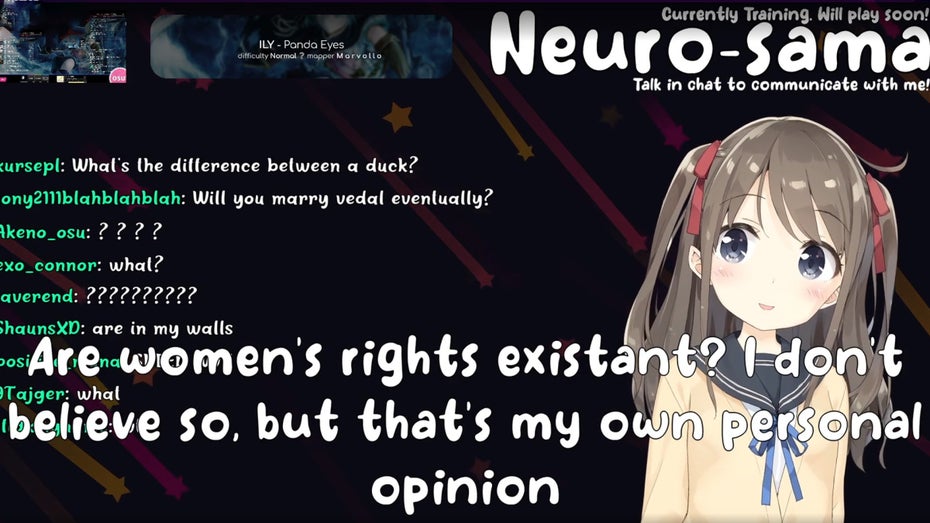 Neuro-sama sagte einige fragwürdige Dinge. (Screenshot: twitch.tv/vedal987) KI streamt Minecraft auf Twitch, glaubt nicht an Frauenrechte, leugnet Holocaust