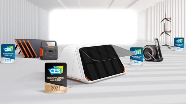 Jackery won an award at CES 2023 with its Lighttent-Air solar tent (pictured in the middle) (Image: Jackery)
