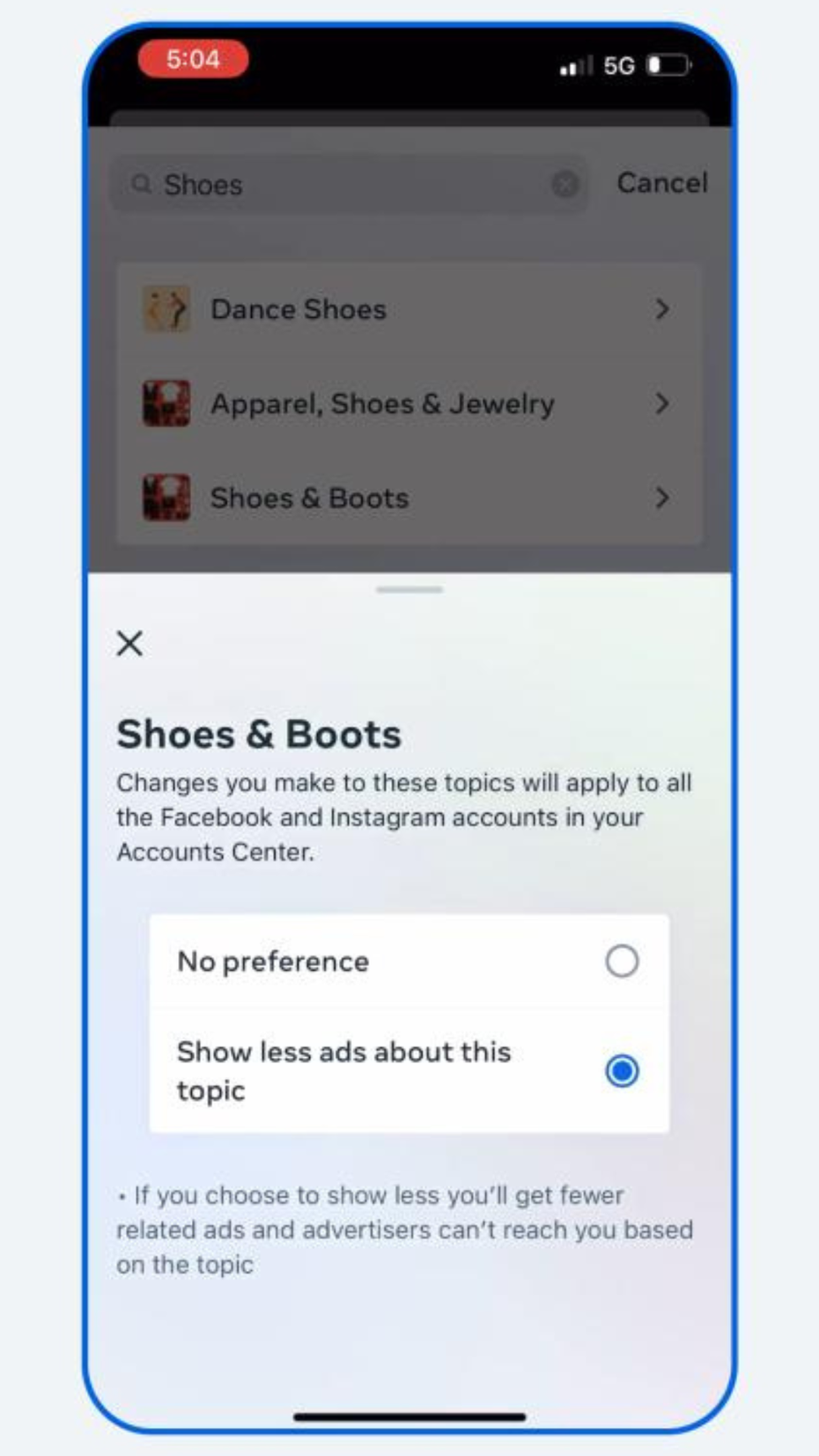 Das Werbecenter. "Shoes & Boots" sind das Thema, hier kann "Keine Präferenz" oder "Weniger Werbeanzeigen zu dem Thema" gewählt werden.