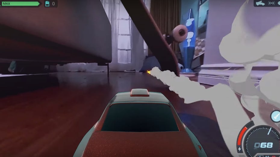 In „Hot Wheels Rift Rally“ lassen sich auch virtuelle Raketen abfeuern. (Screenshot: Mattel / t3n.de) Autorennen: Hot Wheels kombiniert AR-Computerspiel mit ferngesteuertem Auto