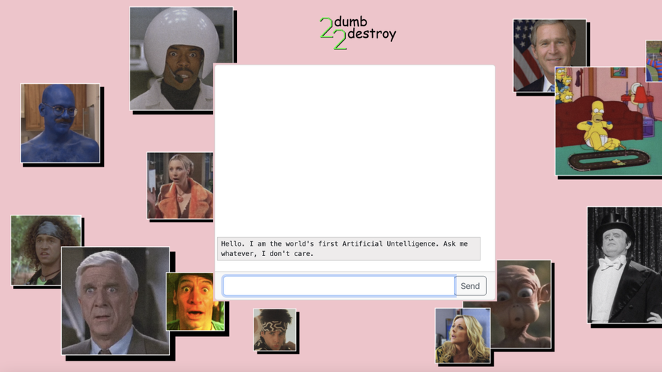 „Frag mich, was immer du willst, es ist mir egal“: Wer dieser Aufforderung auf der 2dumb2destroy-Website folgt, den erwarten tatsächlich lustige Antworten. (Bild: Screenshot 2dumb2destroy.com) Screenshot Website 2dumb2destroy.com ((Bild: Screenshot 2dumb2destroy.com)